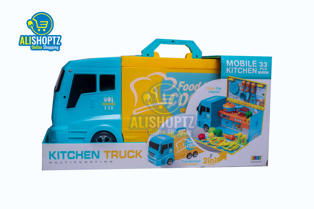 2 in 1 kid kitchen toy truck dinnerware pretend play cooking table children’s 33pcs